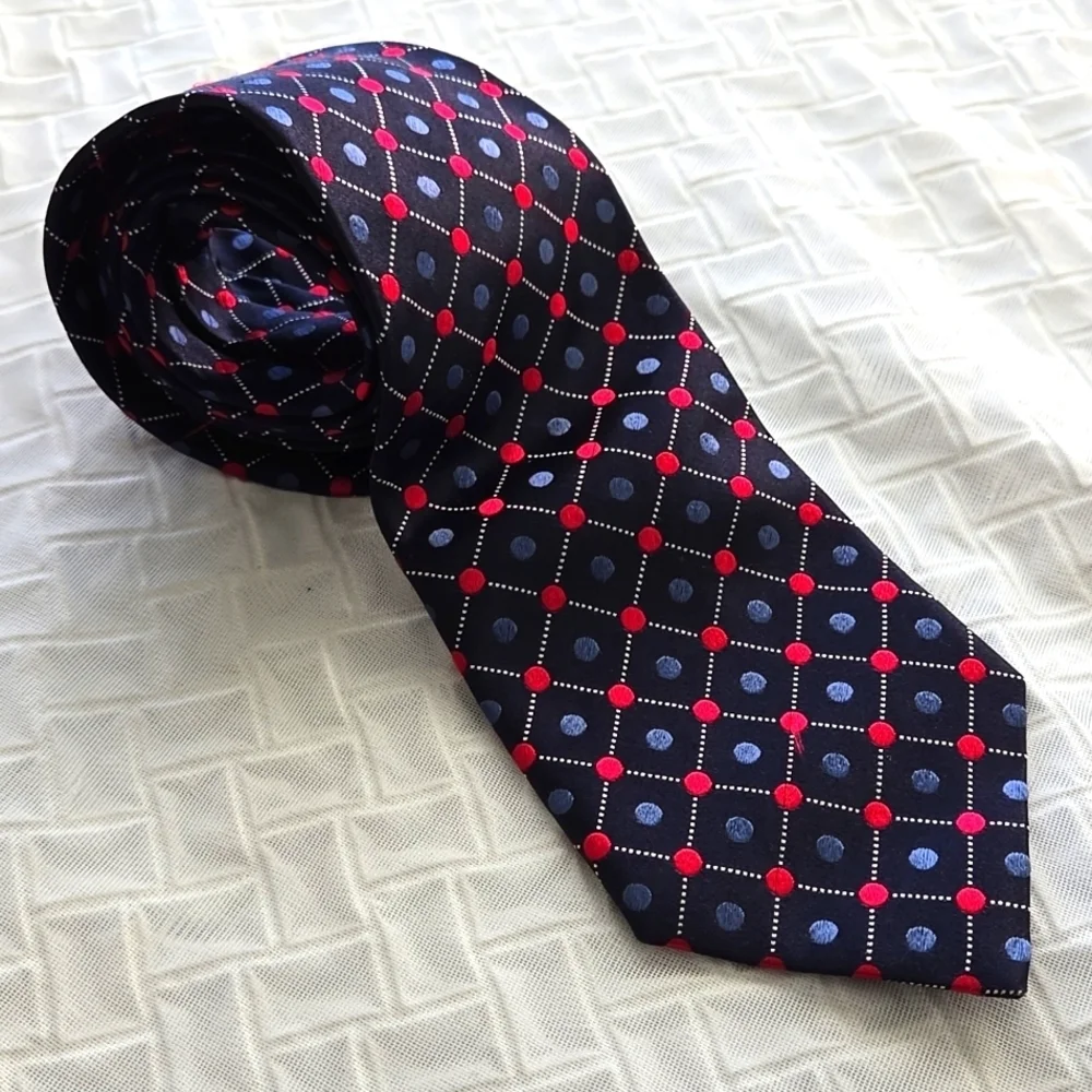 Ermenegildo Zegna Navy Geometric Silk Tie with Red and Light Blue Dots